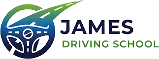 Best driving school in West Sydney – James Driving School logo with steering wheel icon and professional driving lessons