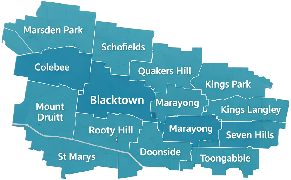 Best driving school in West Sydney service areas map – James Driving School covering Blacktown, Marsden Park, Schofields, Mount Druitt and nearby suburbs